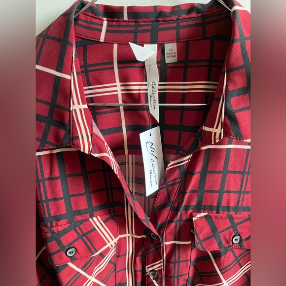 NWT: (NY Collection) burgundy striped button up shirt with tags. - Picture 2 of 6